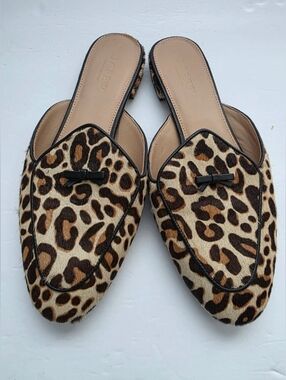 J. Crew Collection Women's Piped Loafer Mules Calf Hair in Leopard Print Sz 8.5